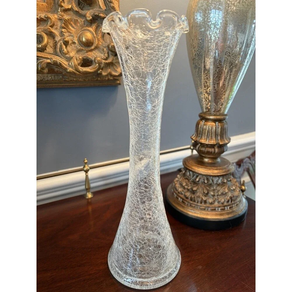 Vintage Crackle Glass Vase by Alwe Ruffled Top 11.75